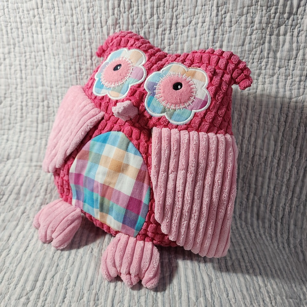 Izzy Pink Owl Plush Stuffed Animal Popcorn Texture Plaid Flower Eyes